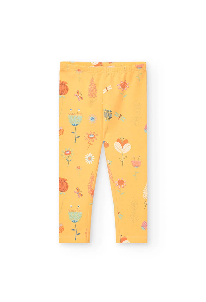 Knitted leggings for baby girl in yellow with print