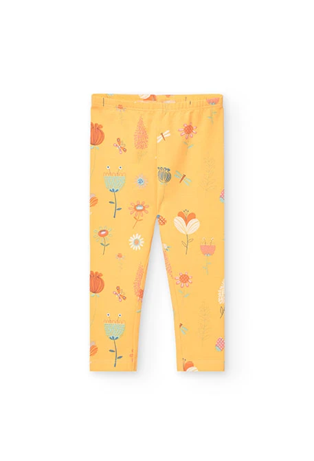 Knitted leggings for baby girl in yellow with print