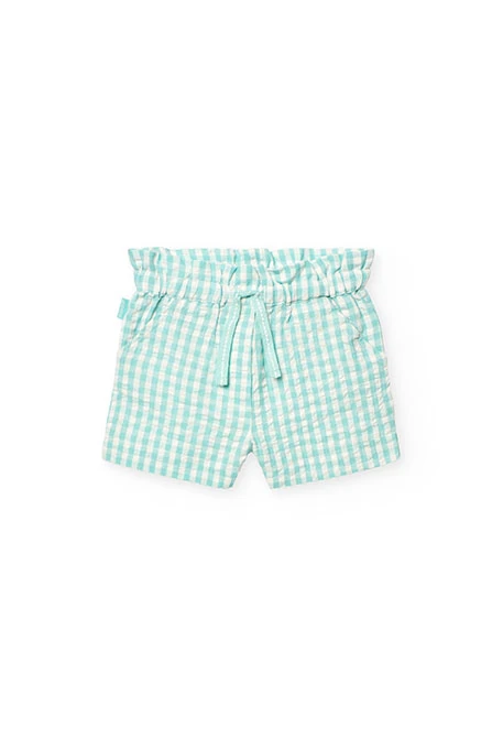 Poplin shorts for baby girl in green with checkered pattern