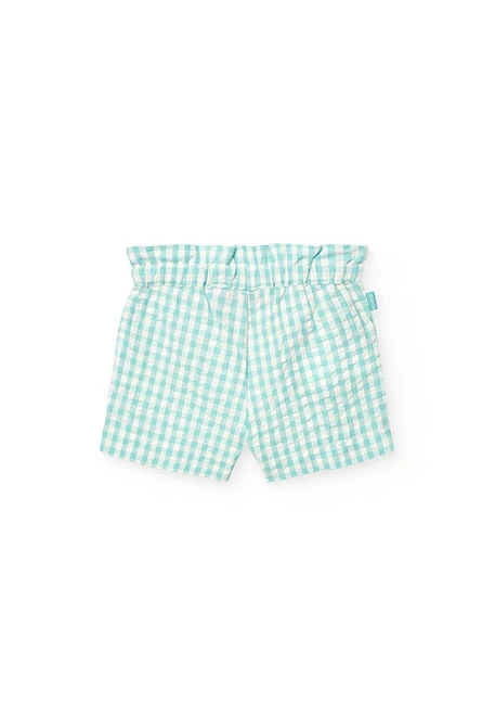 Poplin shorts for baby girl in green with checkered pattern