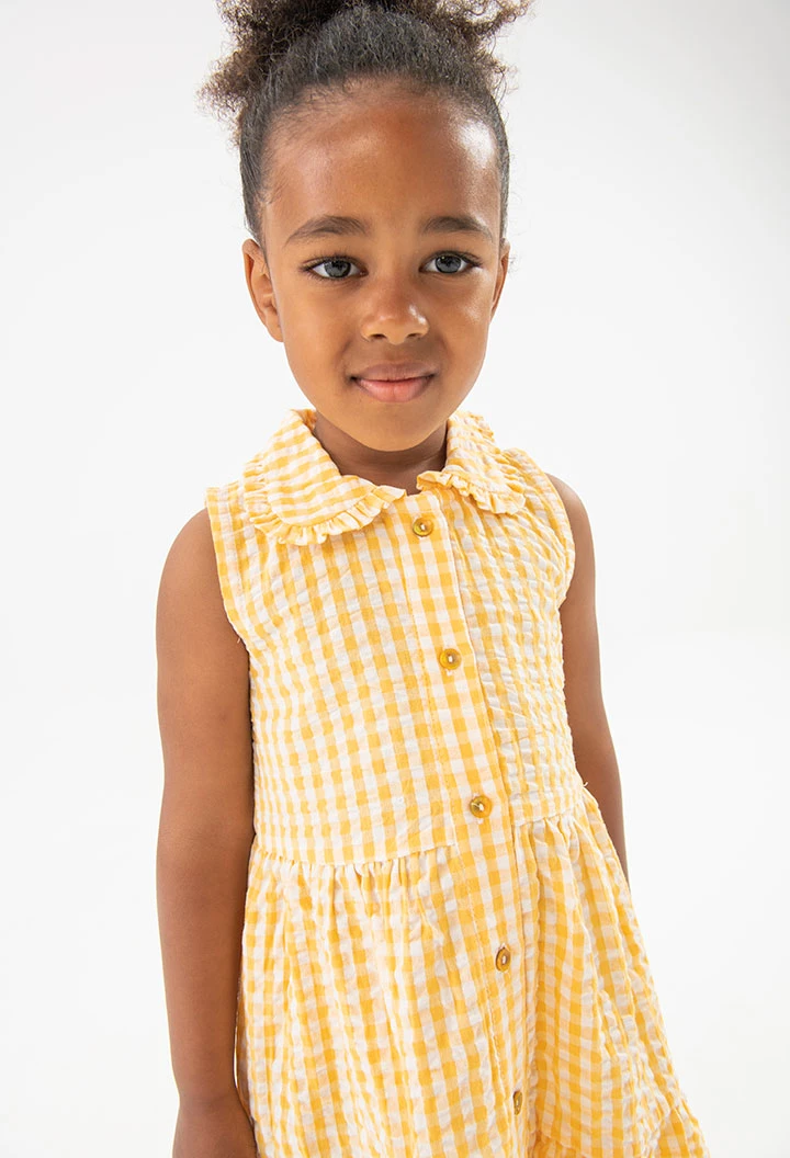 Baby girl\'s poplin dress with a yellow check pattern.