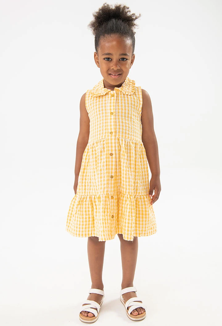 Baby girl\'s poplin dress with a yellow check pattern.