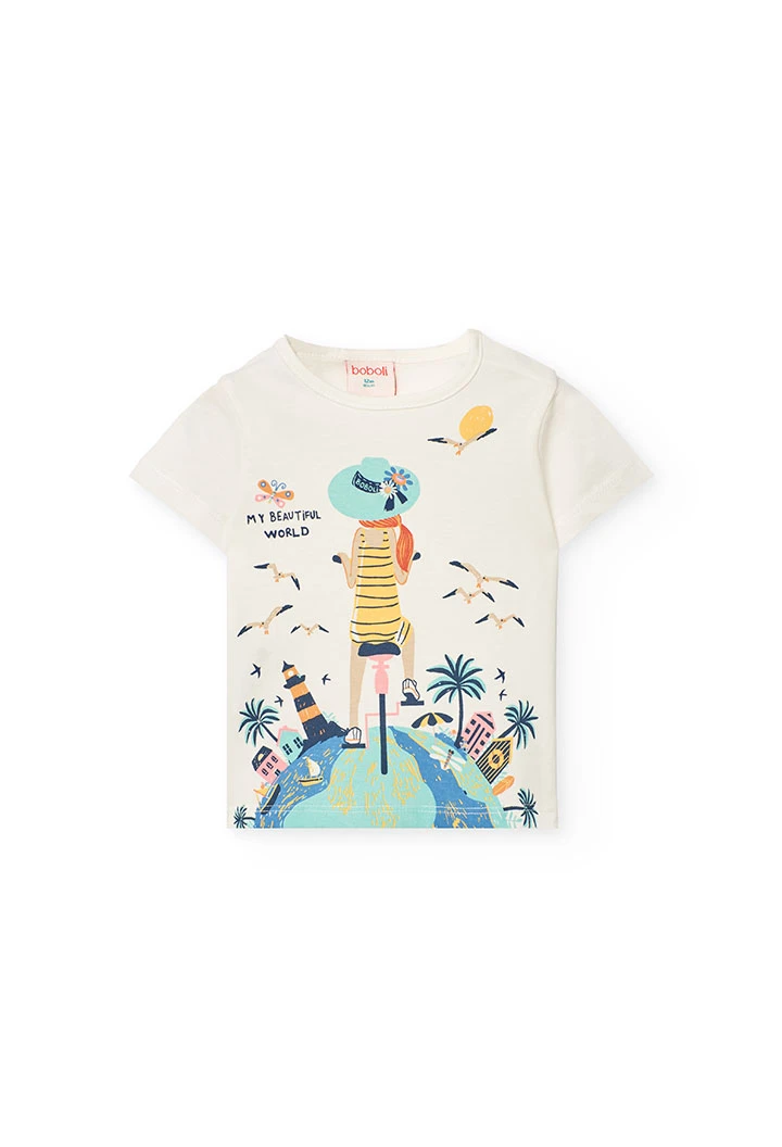 Completo di maglietta e pantaloncini a maglia per neonata di colore bianco.