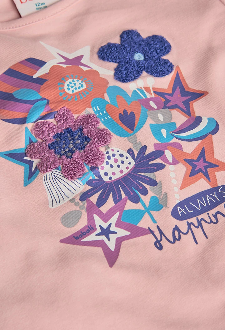 T-shirt fille en maille rose à fleurs