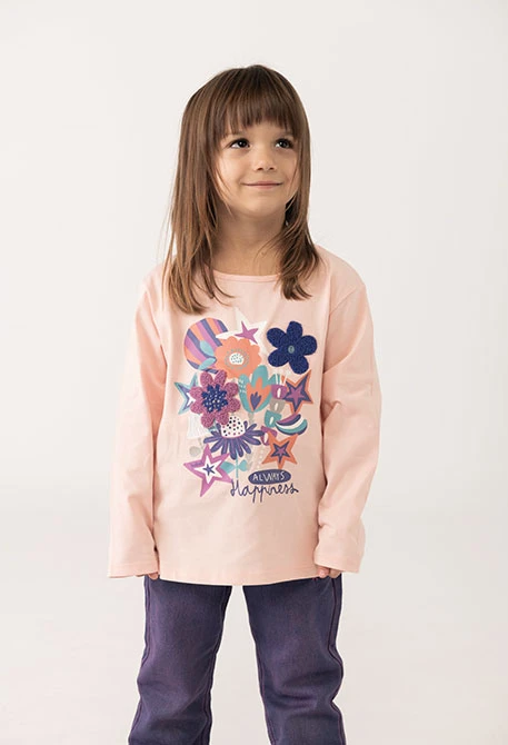 Camiseta niña punto rosa flores