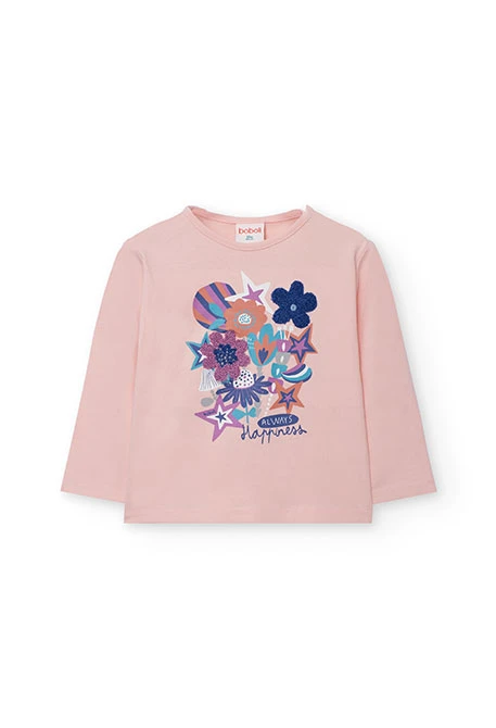 T-shirt fille en maille rose à fleurs