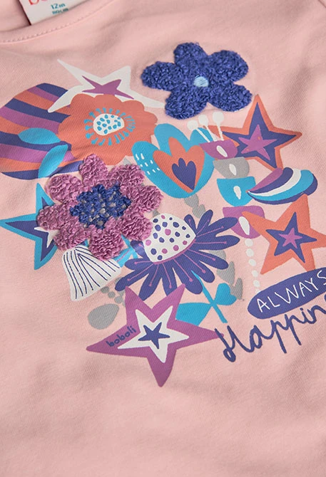 Camisola menina malha rosa flores