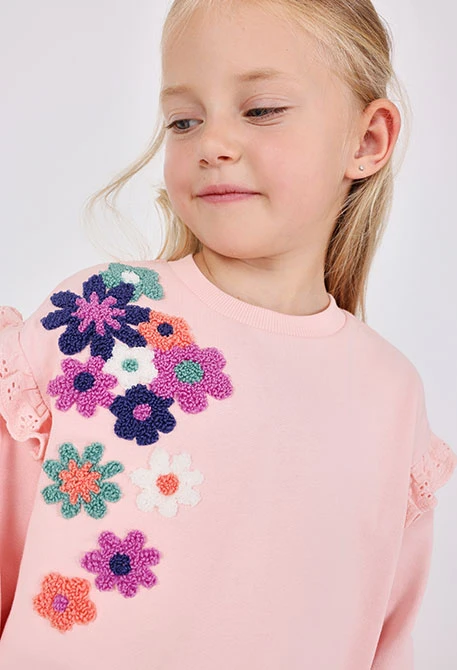 Sweatshirt fille en molleton rose fleurs