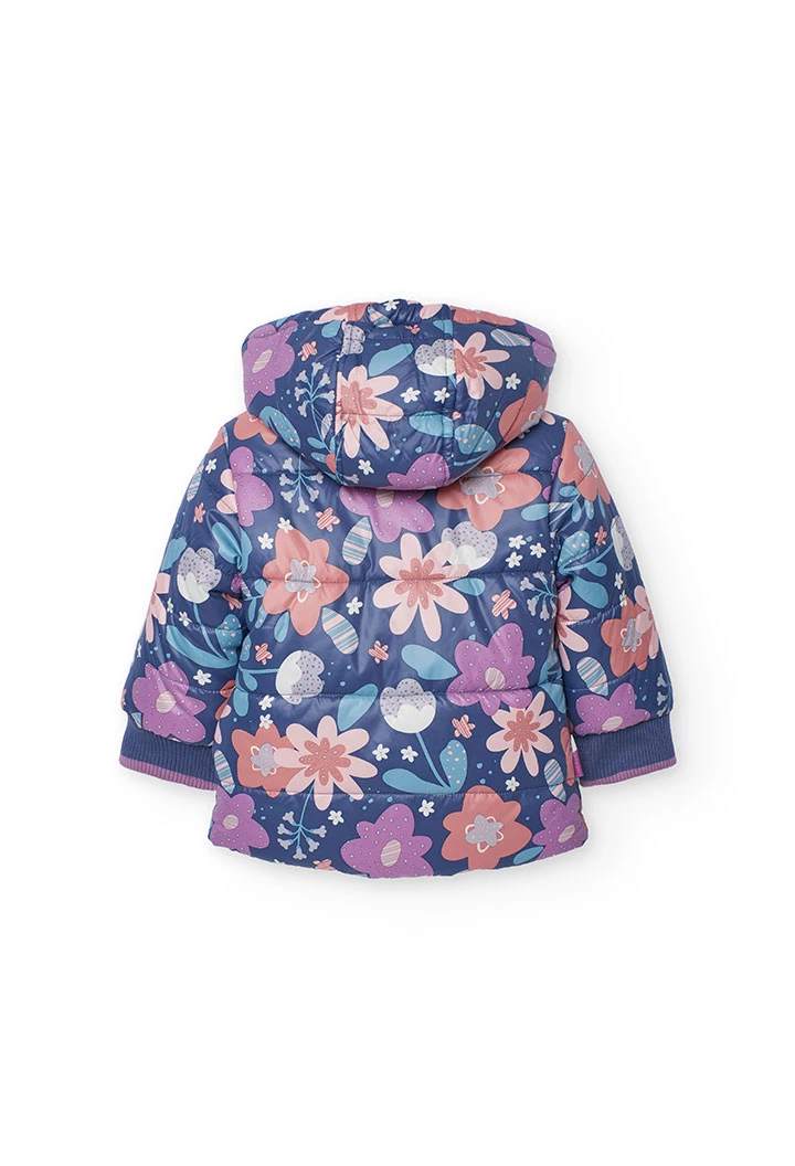 Parka fille en tissu technique réversible lilas avec des fleurs