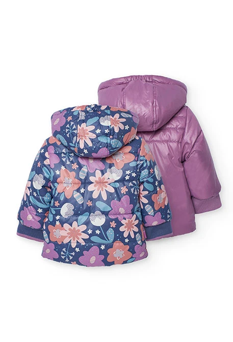Parka bambina tessuto tecnico reversibile lilla con fiori