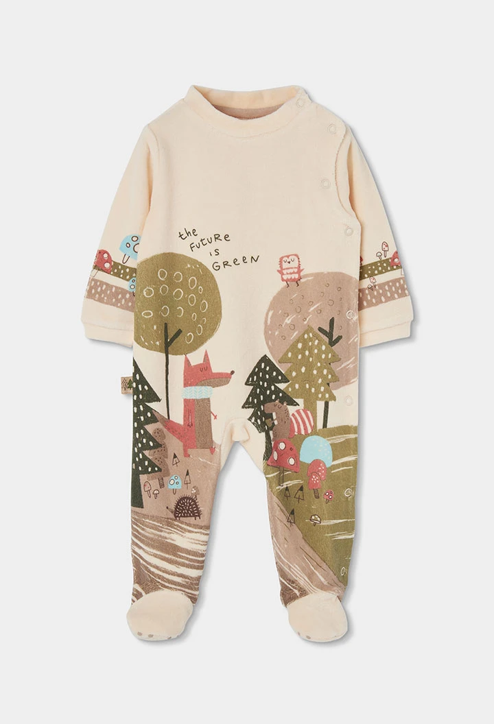 Grenouillère molleton bébé écrue imprimée forêt