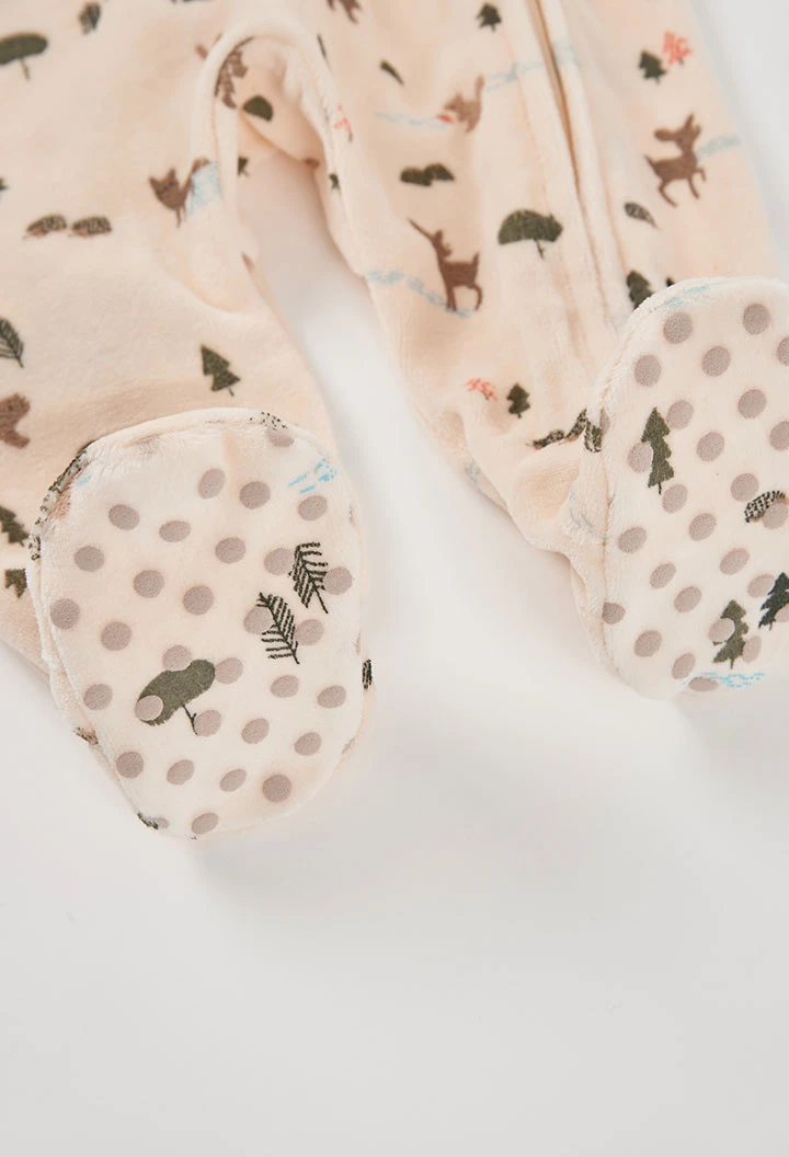 Grenouillère velours bébé écrue imprimé forêt