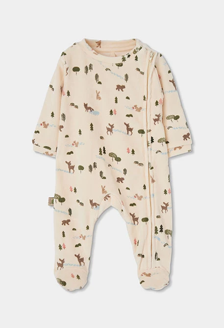 Grenouillère velours bébé écrue imprimé forêt