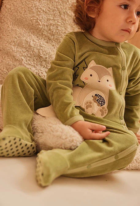 Grenouillère bébé verte brodée renard