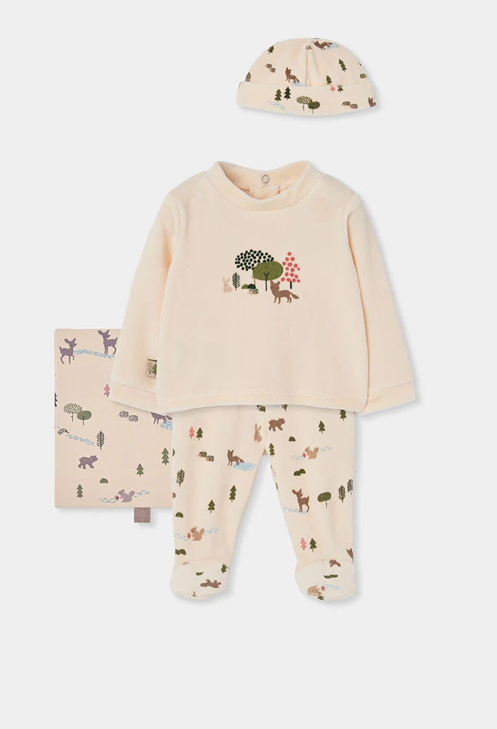 Ensemble maille bébé écru imprimé forêt animaux