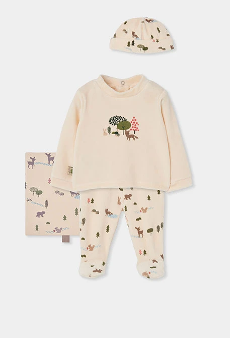 Ensemble maille bébé écru imprimé forêt animaux