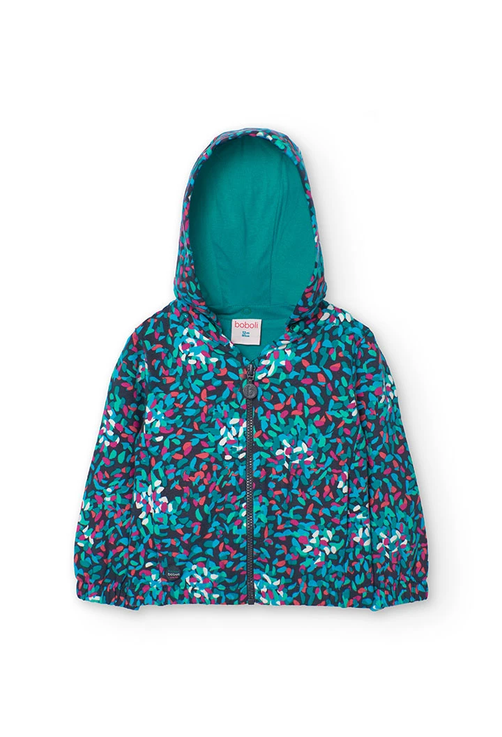 Hooded fleece jacket for baby girl with green print