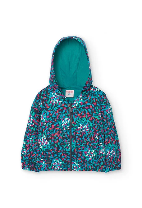 Hooded fleece jacket for baby girl with green print