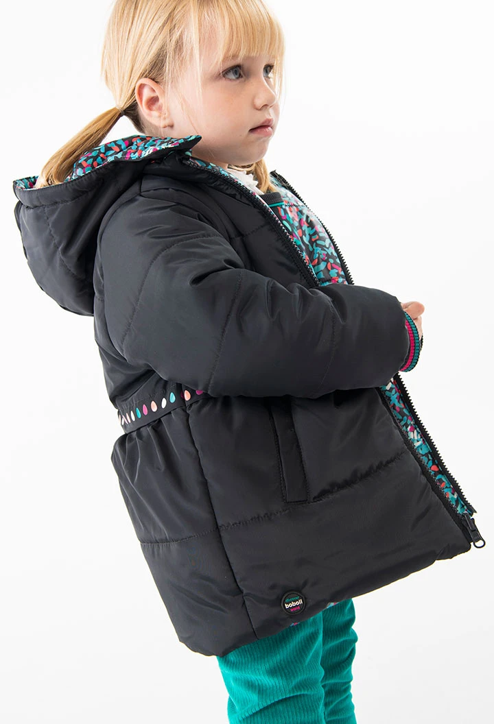 Reversible parka for baby girl in black and print