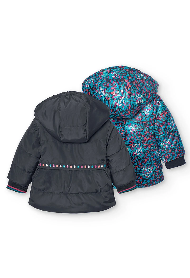 Reversible parka for baby girl in black and print