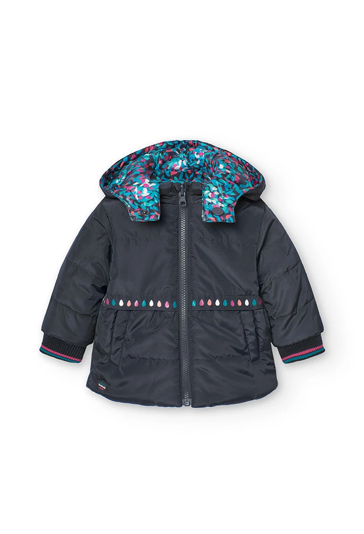 Reversible parka for baby girl in black and print