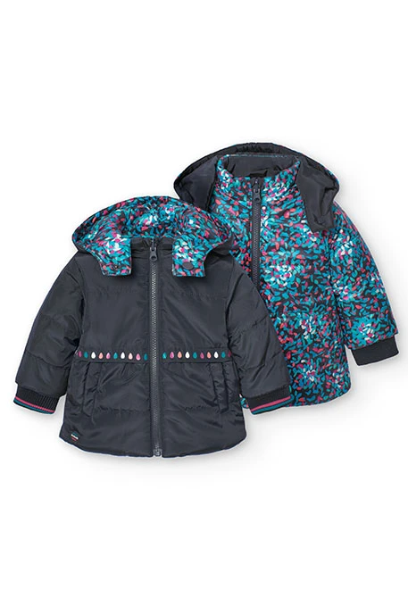 Reversible parka for baby girl in black and print