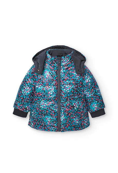 Reversible parka for baby girl in black and print