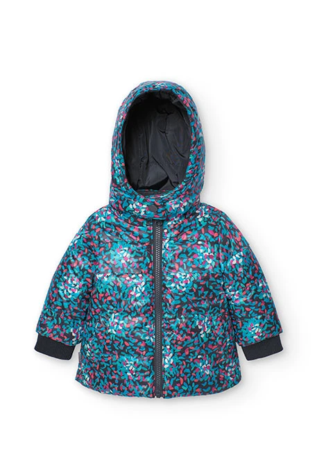 Reversible parka for baby girl in black and print