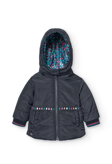 Reversible parka for baby girl in black and print