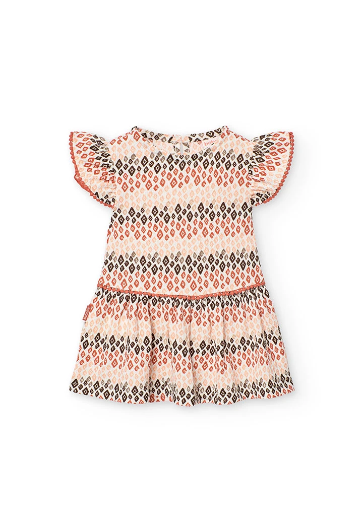 Vestido de malha para bebé menina com estampado em cor coral e castanho
