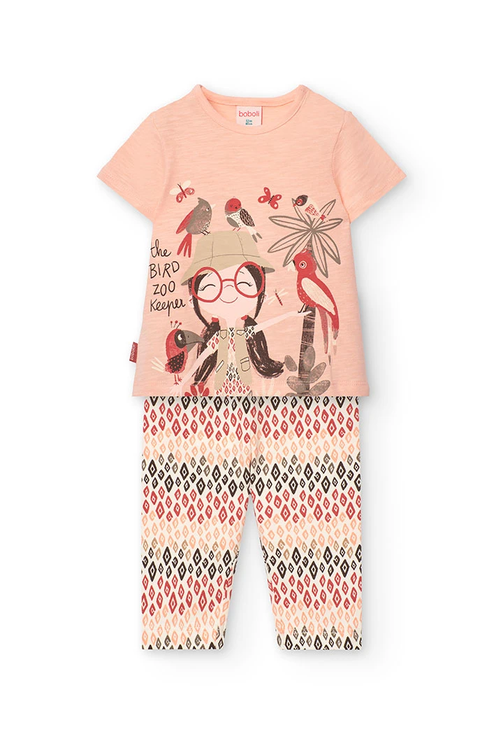 Salmon-coloured knitted t-shirt and trouser set for baby girl