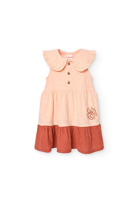 Vestido de malha para bebé menina em cor salmão com design flamê.