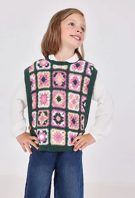 Gilet fille à carreaux tons verts