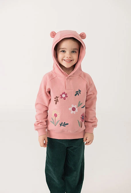 Mädchen-Sweatshirt aus rosa Plüsch mit Blumen