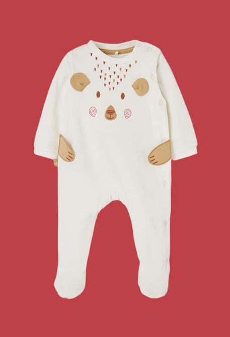Baby white embroidered bear sleepsuit