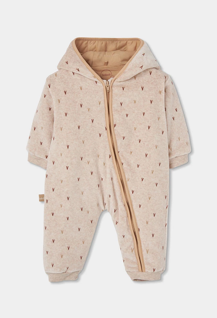 Grenouillère bébé beige imprimée à capuche