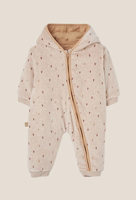 Hooded printed beige baby romper