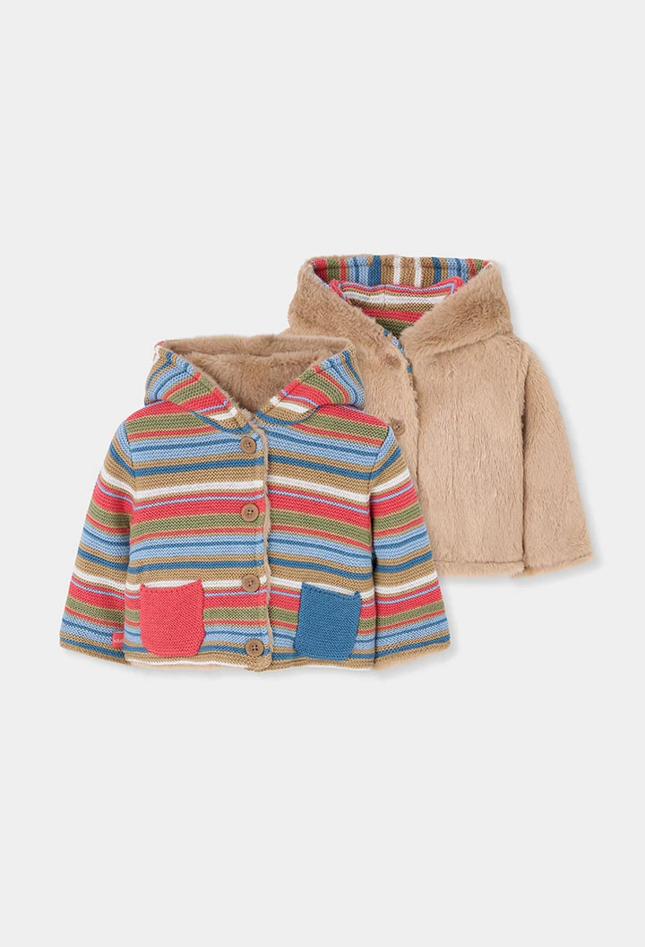 Chaqueta punto bebé marrón reversible a rayas