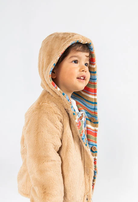 Chaqueta punto bebé marrón reversible a rayas