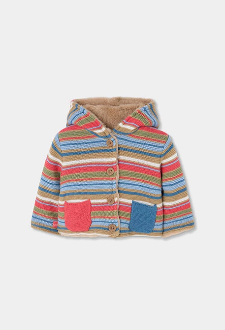 Chaqueta punto bebé marrón reversible a rayas
