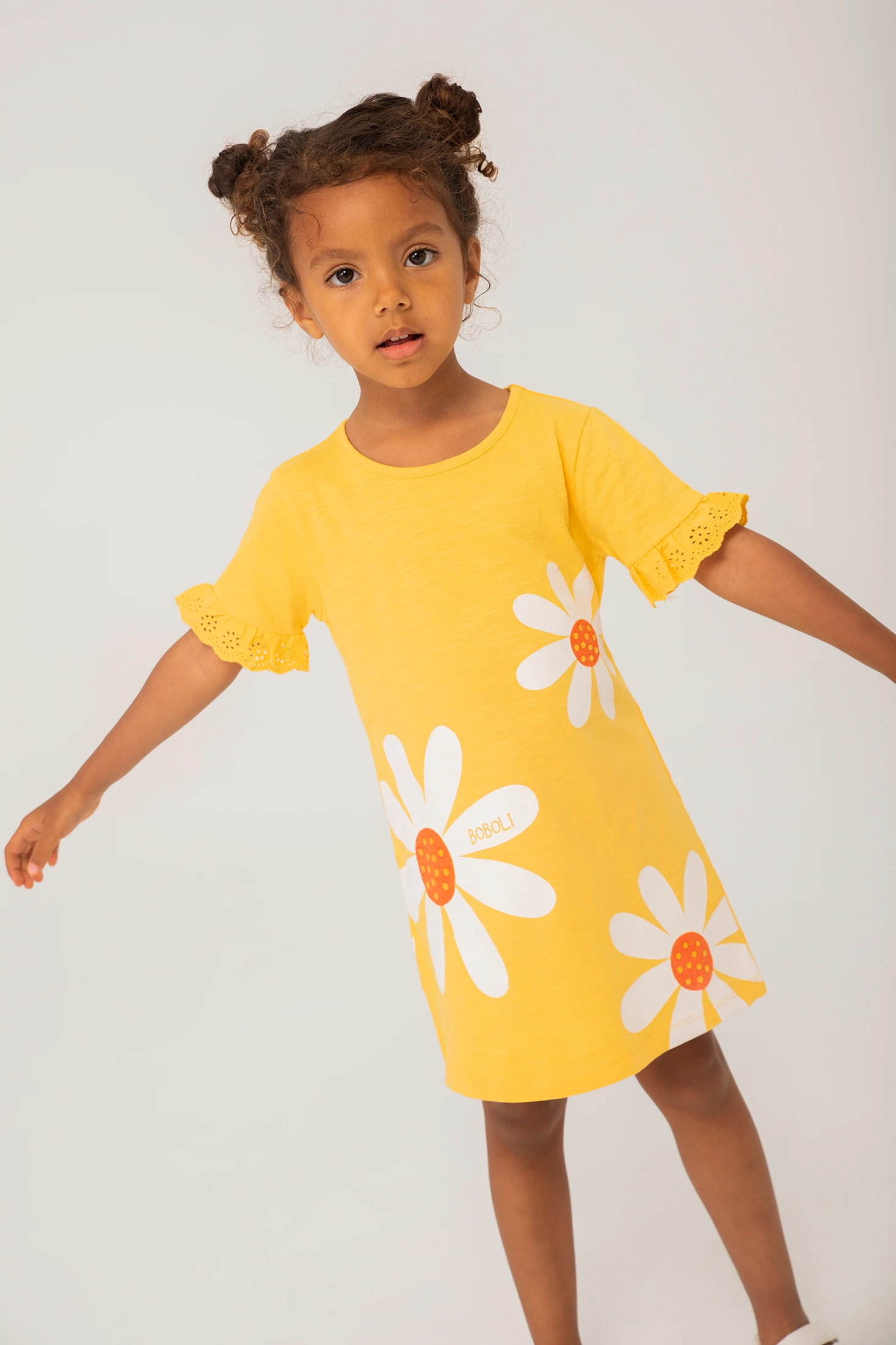 Vestido punto "flores" niña, estampado amarillo