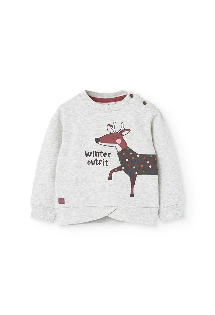 Fleece sweatshirt for baby girl in white with reindeer print