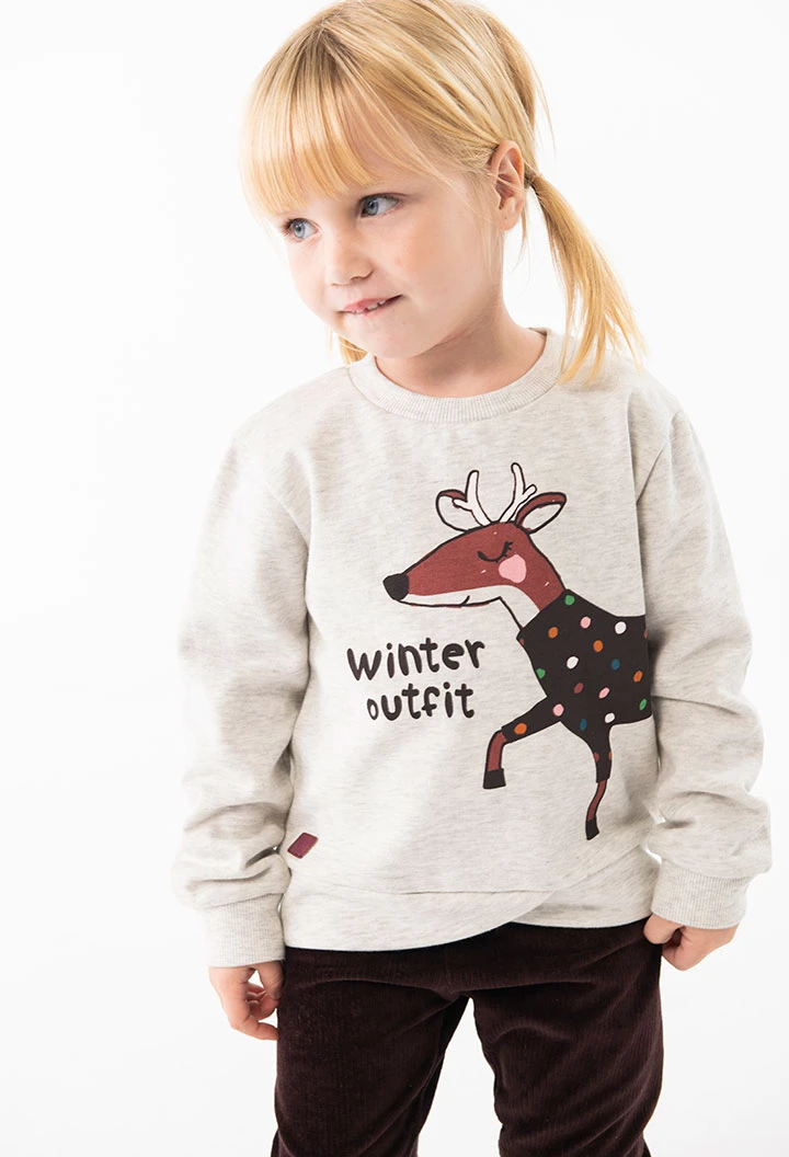 Fleece sweatshirt for baby girl in white with reindeer print