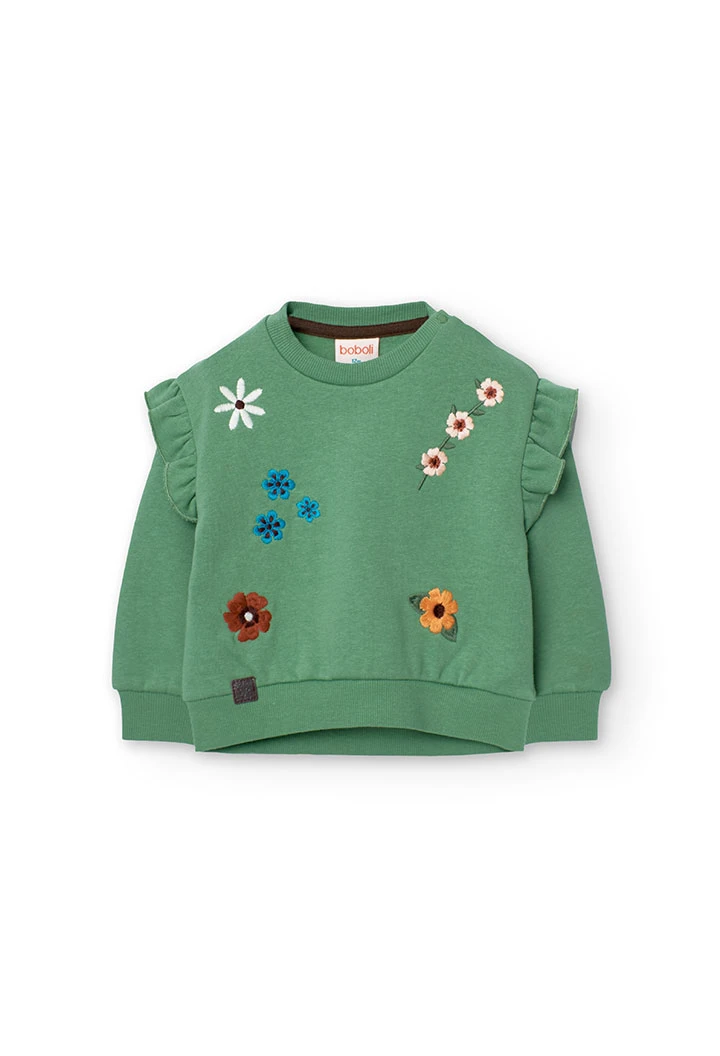 Fleece sweatshirt for baby girl in green with print