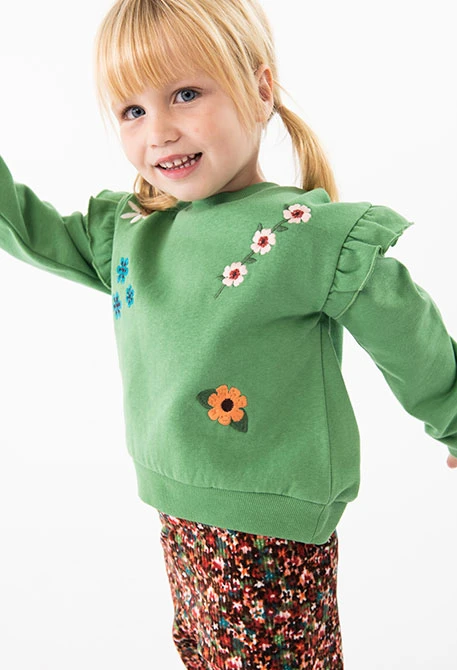 Fleece sweatshirt for baby girl in green with print