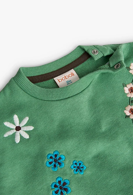 Fleece sweatshirt for baby girl in green with print