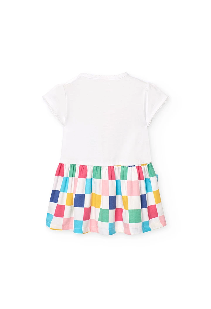 Vestido de malha combinado de bebé menina com design de quadrados em cor branca