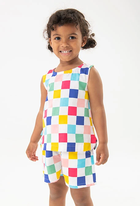 Baby girl\'s satin top with multicoloured check print