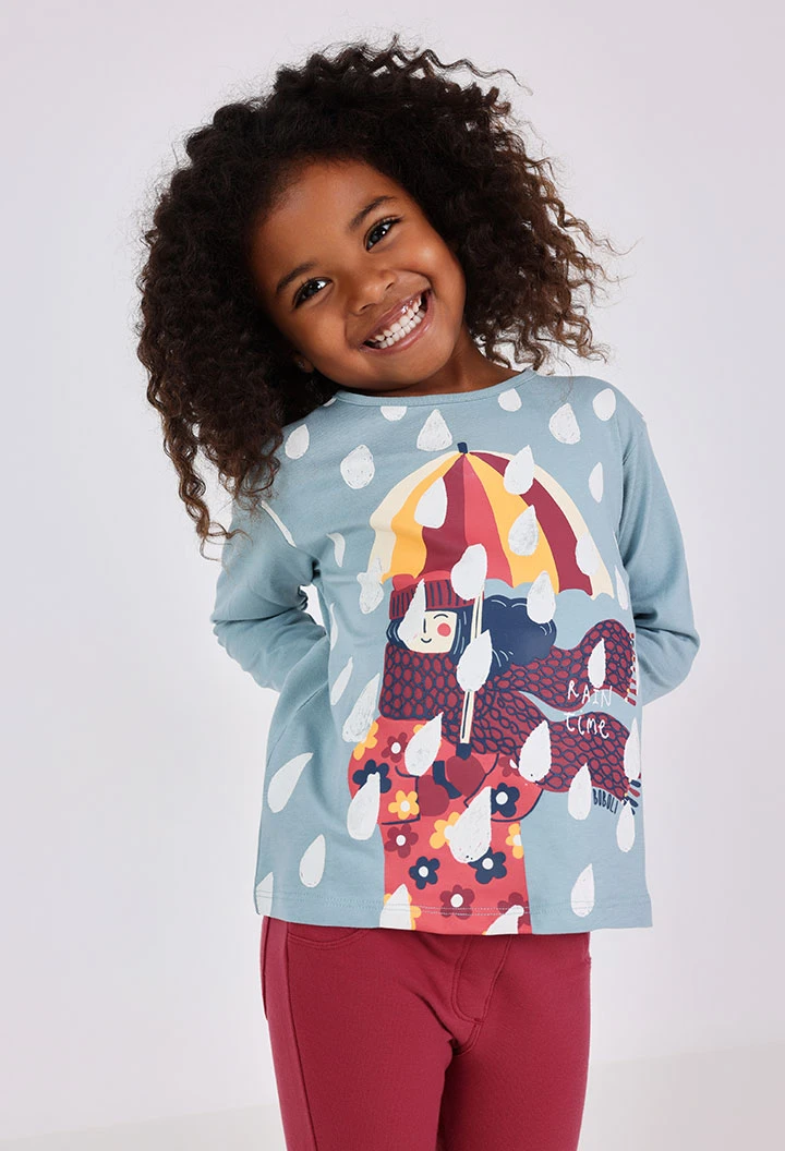 Girl´s green knitted T-shirt with raindrop pattern
