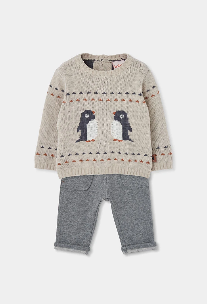 Beiges Baby-Jungen-Strickset mit Pinguinen